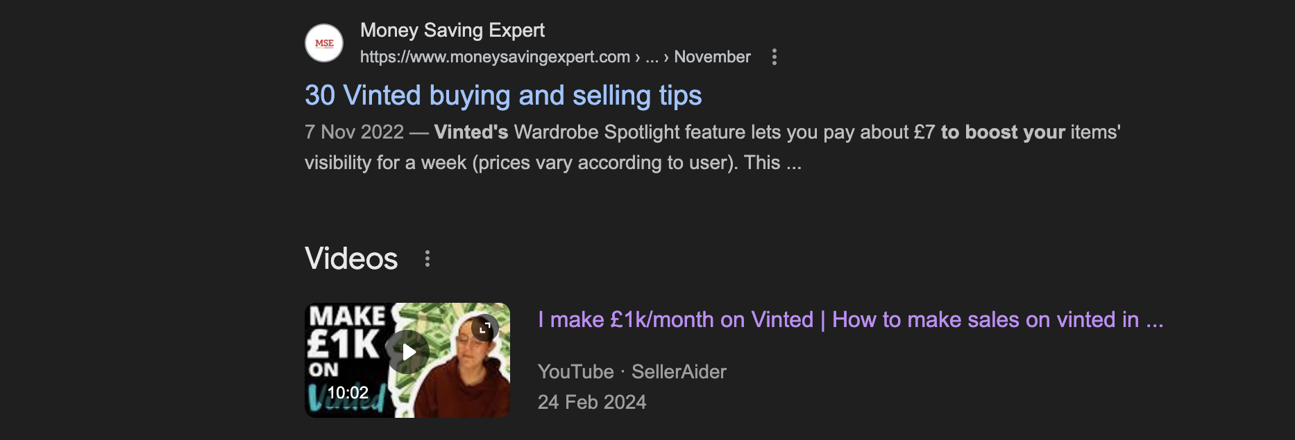 SellerAider's YouTube video ranking in Google's video results